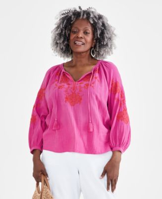 売れ筋商品|||スタイルアンドコー カットソー トップス レディース Plus Size Embroidered Knit Peasant Top, Exclusively at Macy's Medallion Aqua Blue 27188716_fpx.tif?$filterlrg$&