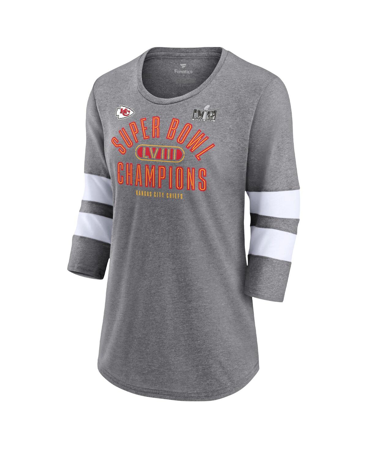 Women's FanaticsKansas City Chiefs Super Bowl Lviii Champions Under the Lights Tri-Blend 3/4-Sleeve T-shirt - Heather Gray, White