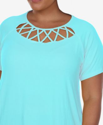 売れ筋商品|||ホワイトマーク カットソー トップス レディース Plus Size Crisscross Cutout Short Sleeve Top Aqua white mark Women's Plus Size Crisscross Neck Short Sleeve