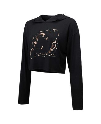 Women's Threads Jack Hughes&nbsp;Black New Jersey Devils Leopard Print Name and Number Cropped Pullover Hoodie