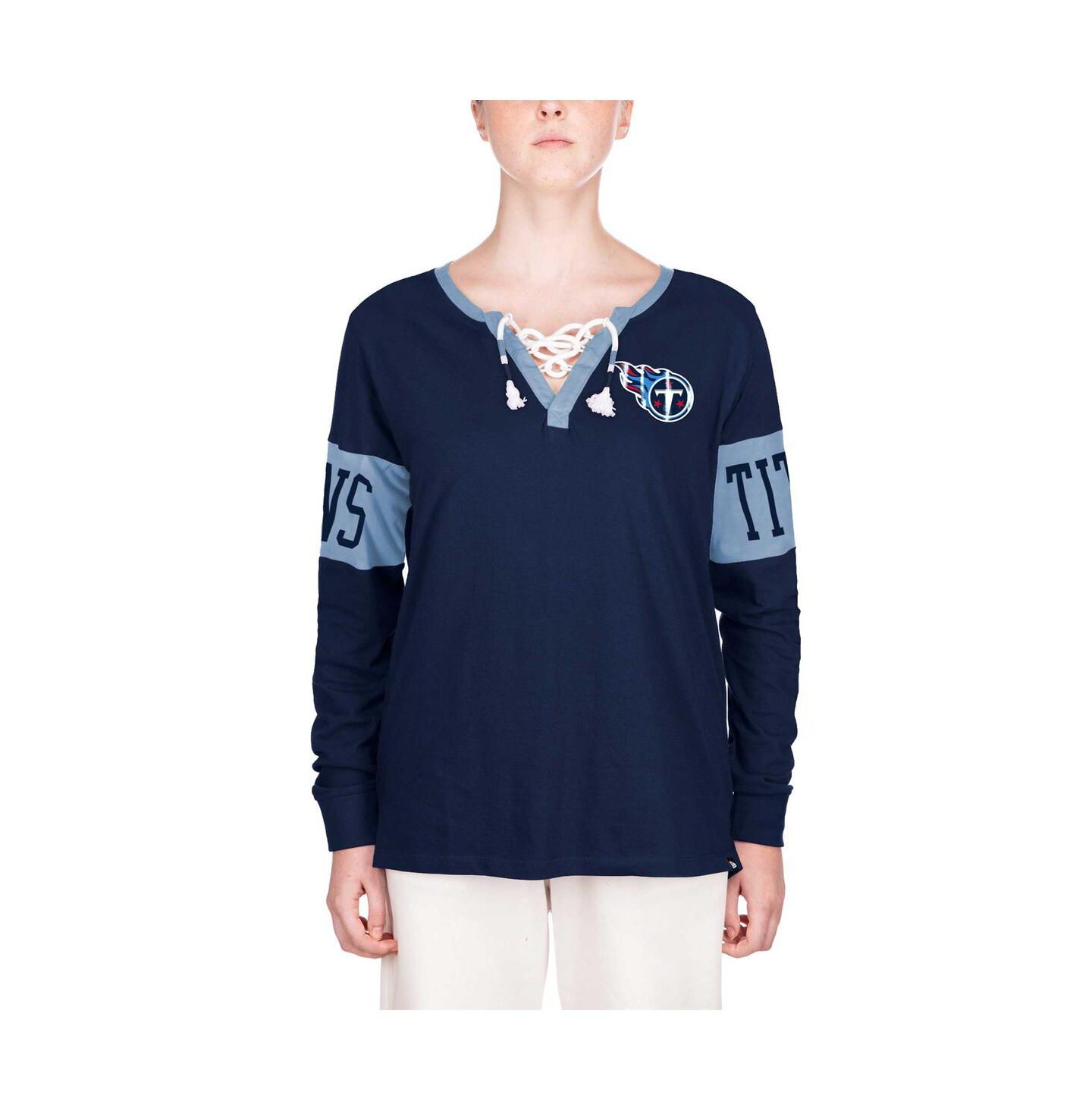Женская футболка New Era Navy Tennessee Titans Lace-Up Notch Neck Long Sleeve — фото 4