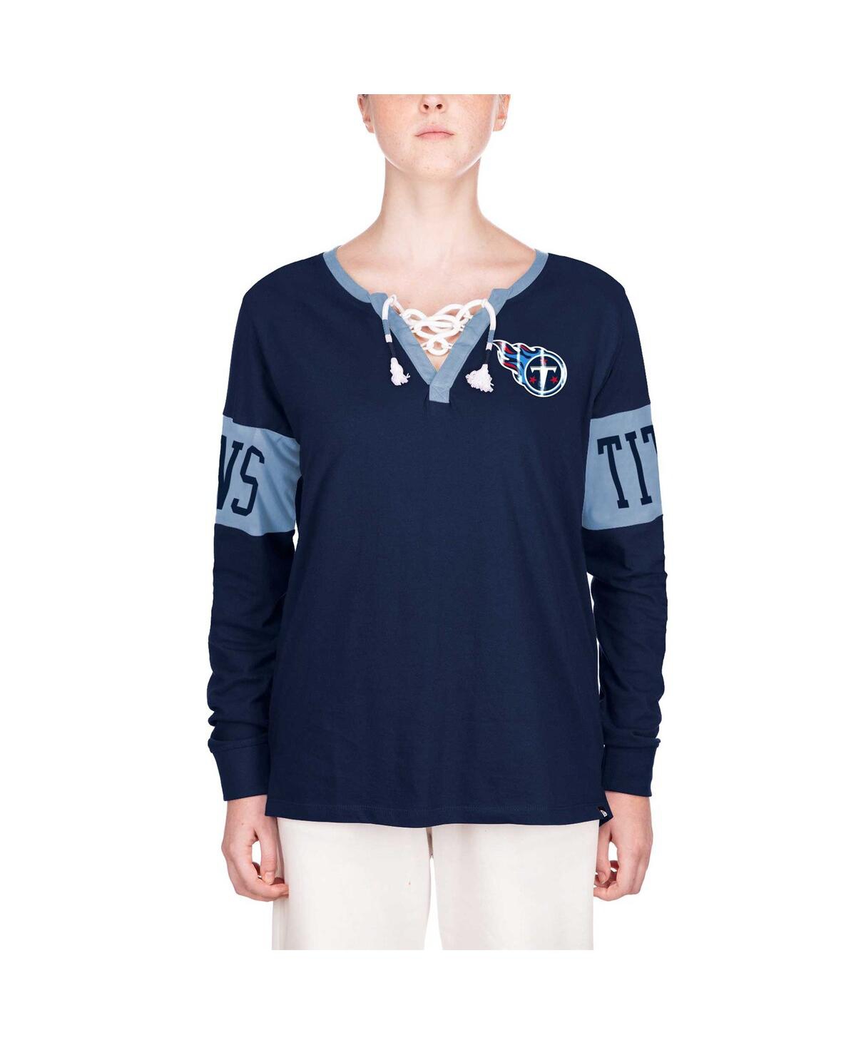 NEW ERA WOMEN'S NEW ERA NAVY TENNESSEE TITANS LACE-UP NOTCH NECK LONG SLEEVE T-SHIRT 