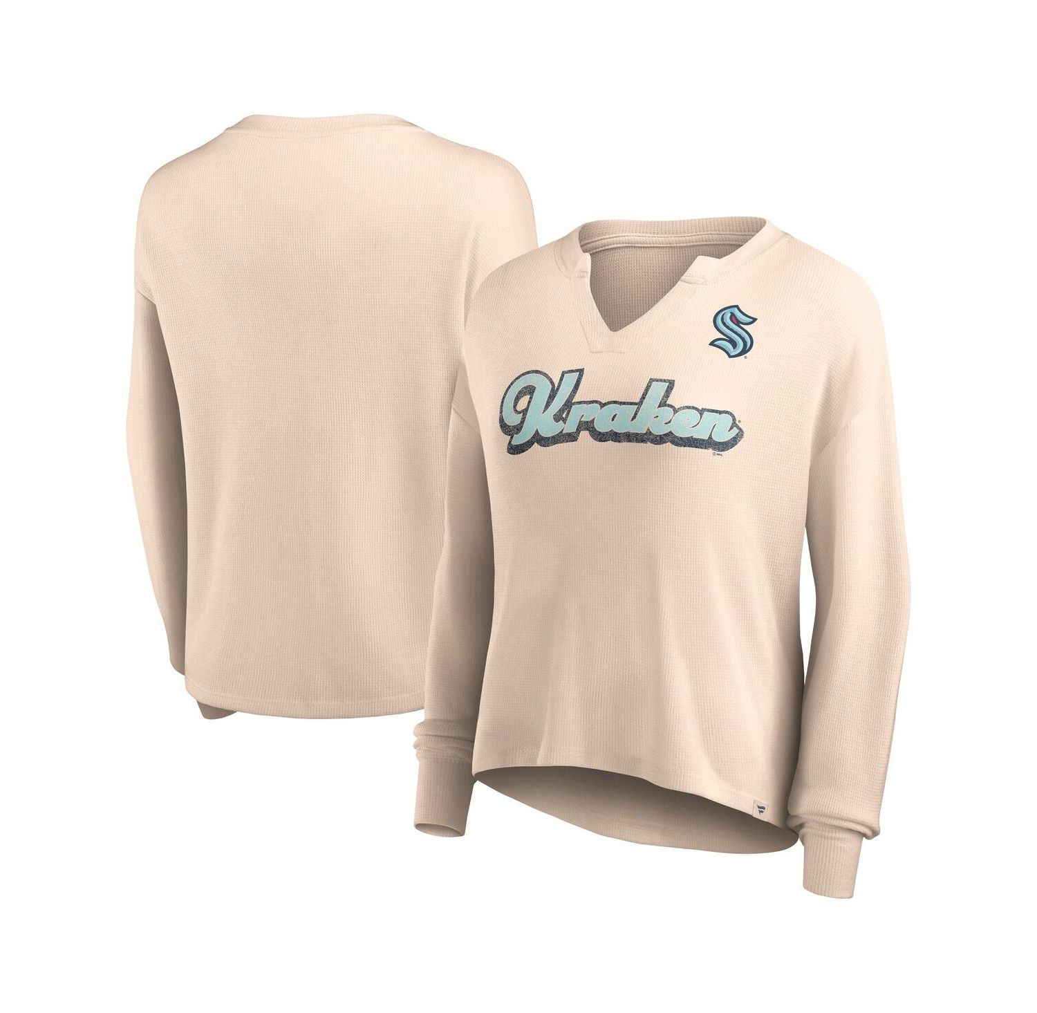 Women's Oatmeal Distressed Seattle Kraken Go For It Notch Neck Waffle Knit Long Sleeve T-shirt