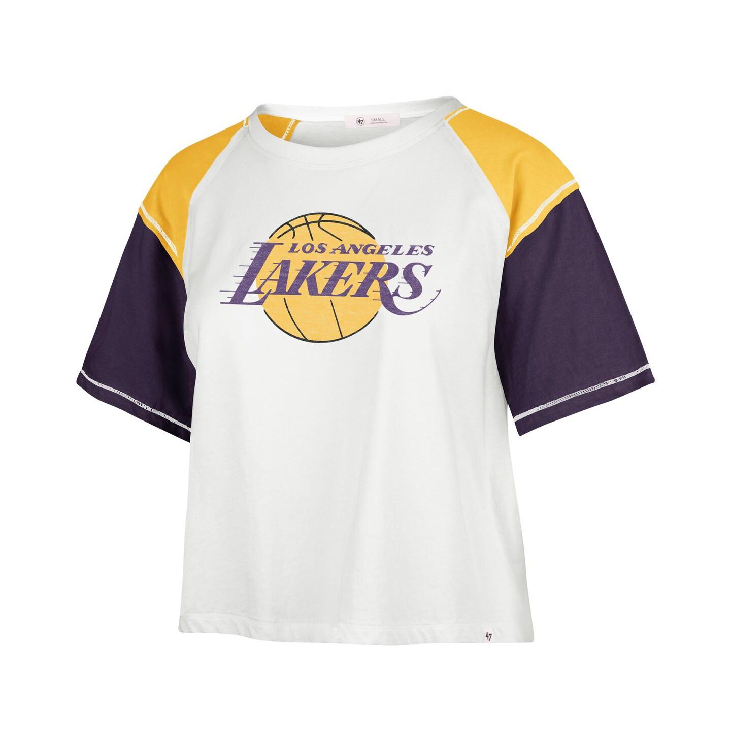 Женская футболка '47 Brand Cream Distressed Los Angeles Lakers Premier Raglan Cropped — фото 2