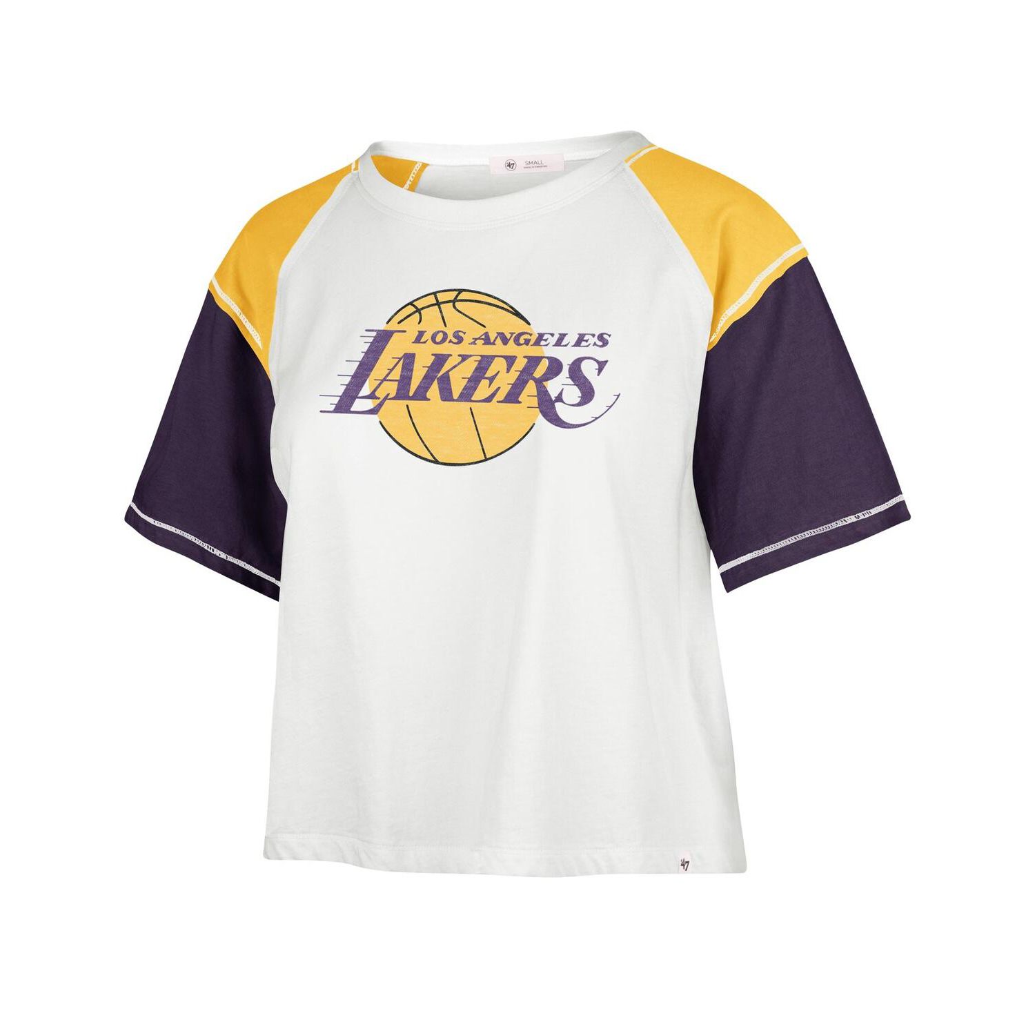 Women's Cream Distressed Los Angeles Lakers Premier Raglan Cropped T-shirt