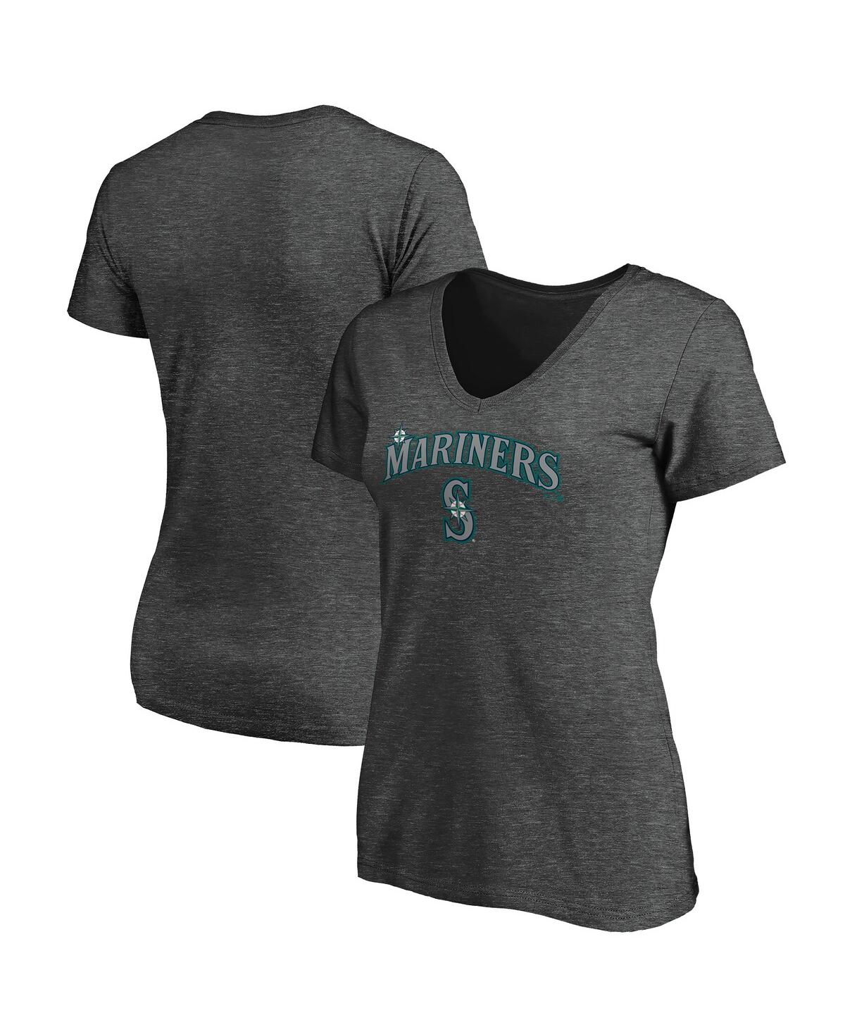 Shop Fanatics Women's  Heathered Charcoal Seattle Mariners Team Logo Lockup V-neck T-shirt