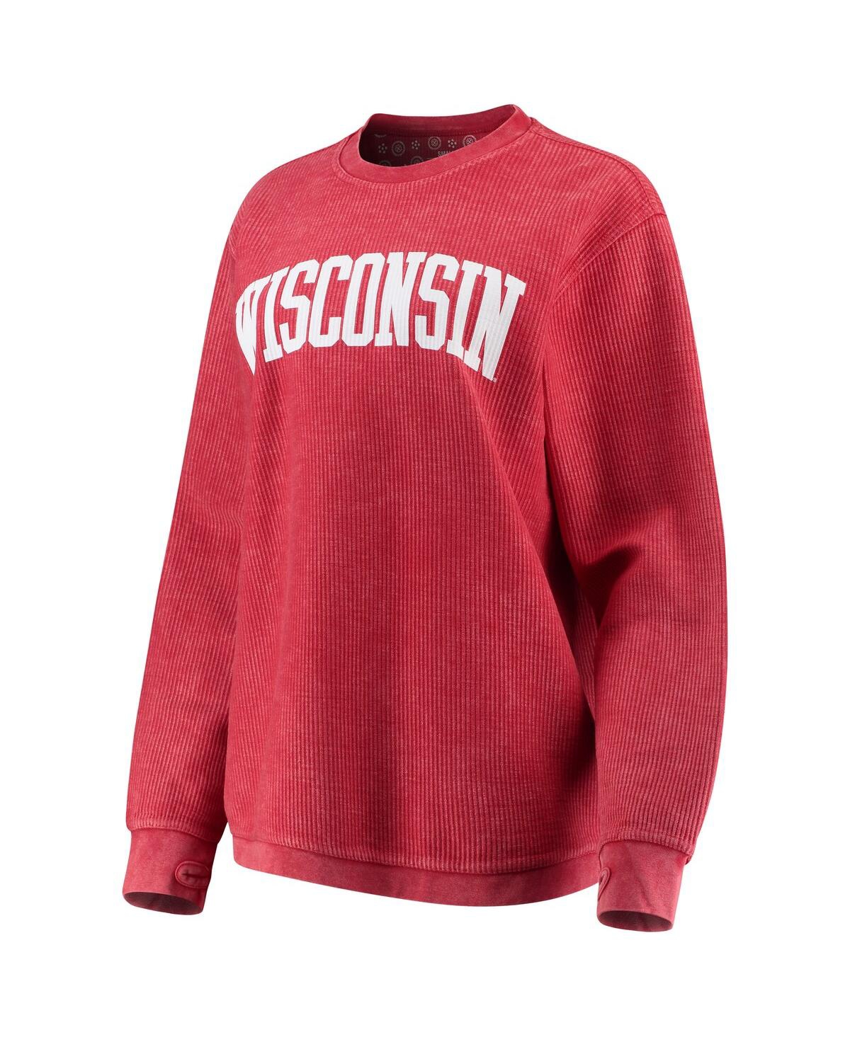 PRESSBOX WOMEN'S PRESSBOX RED DISTRESSED WISCONSIN BADGERS COMFY CORD VINTAGE-LIKE WASH BASIC ARCH PULLOVER S