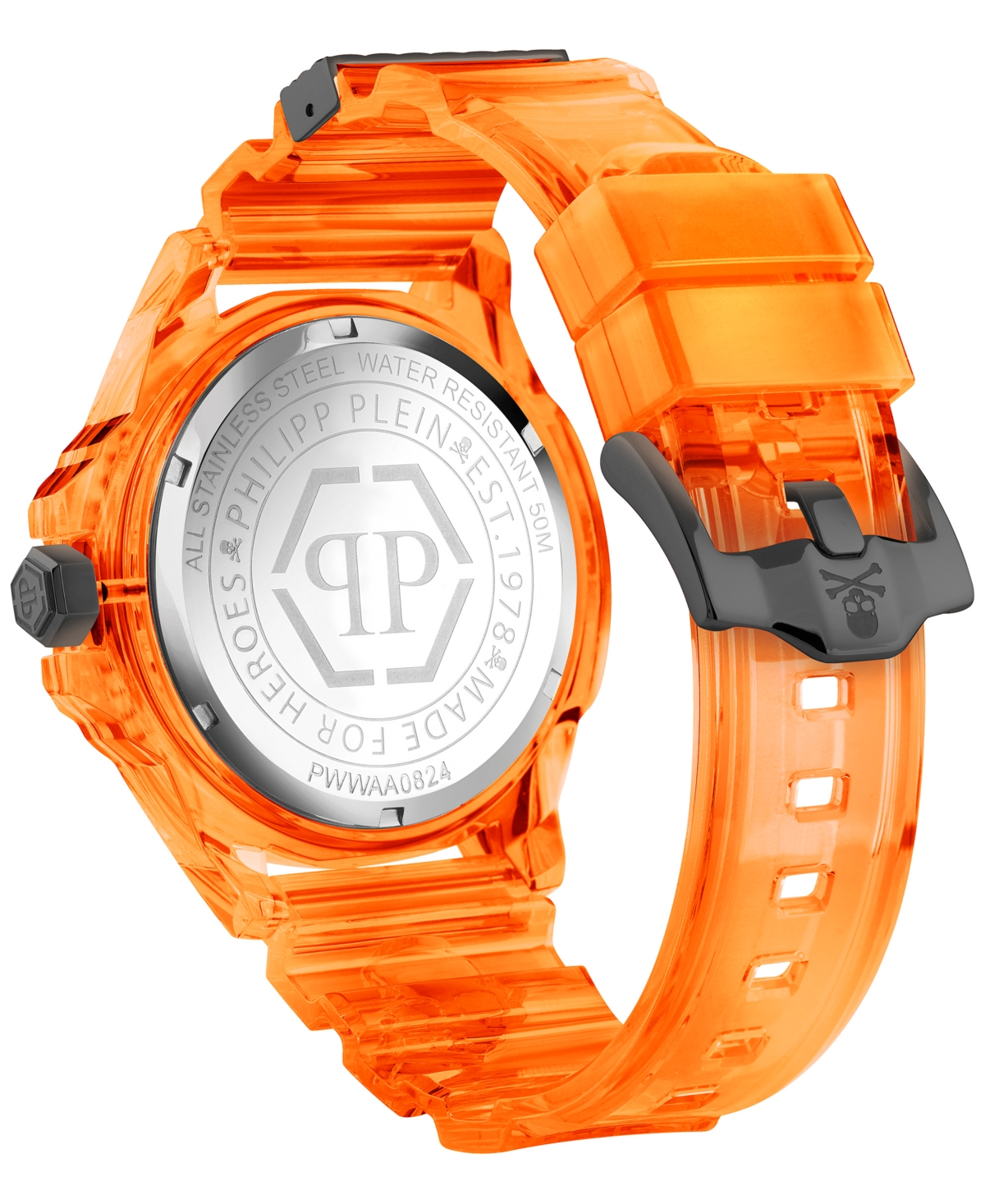 Shop Philipp Plein Unisex The Skull Scuba Duba Orange Silicone Strap Watch 44mm