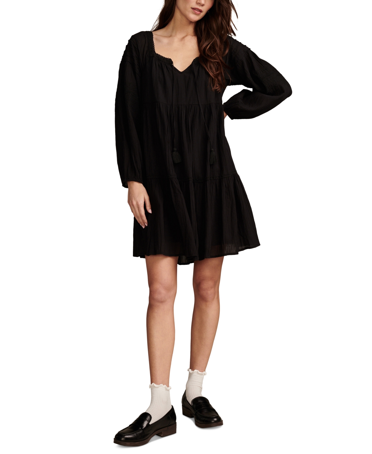 Shop Lucky Brand Women's Cotton Embroidered Tiered Long-sleeve Mini Dress In Caviar
