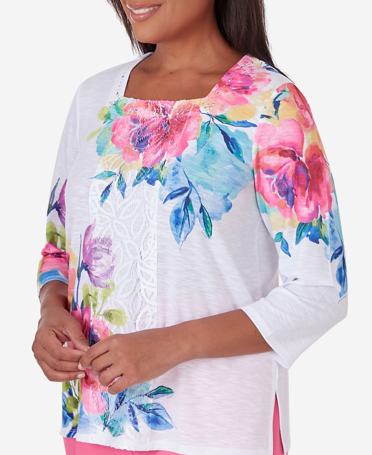 Alfred Dunner Petite Paradise Island Long Sleeve Flower Lace Top