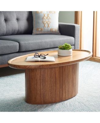 42" Oval Coffee Table with Pedestal Base, Bayur Wood and MDF, Rustic Natural Finish, No Assembly Required