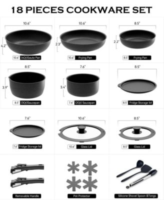 18-Piece Non-Stick Cookware Set with Silicone Tools, Detachable Handles, Space-Saving Design for All Stovetops