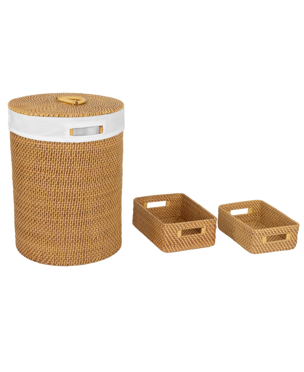 3-Piece Handwoven Rattan Lidded Laundry Hamper Basket Set - Rattan
