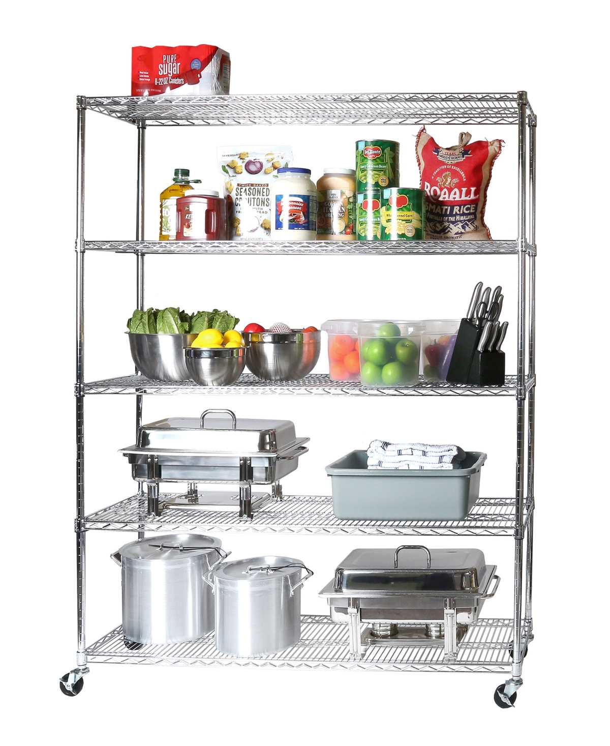 SEVILLE CLASSICS ULTRADURABLE 5-TIER NSF STEEL WIRE SHELVING SYSTEM, 60" W X 18" D X 72"-76" H 