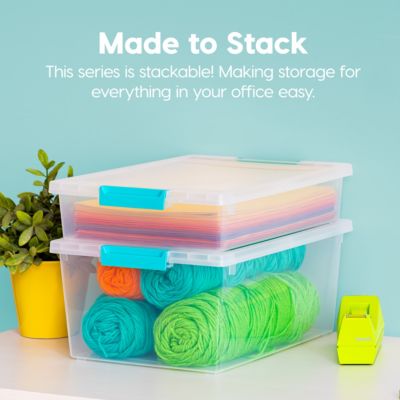 12 Qt. Large Deep Clip Box, 4 Pack, Clear Plastic Storage Container Bins with Latching Lids, Organizer Solution for Home, Office and Classroom, Stackable Nestable, Seafoam Blue Buckles