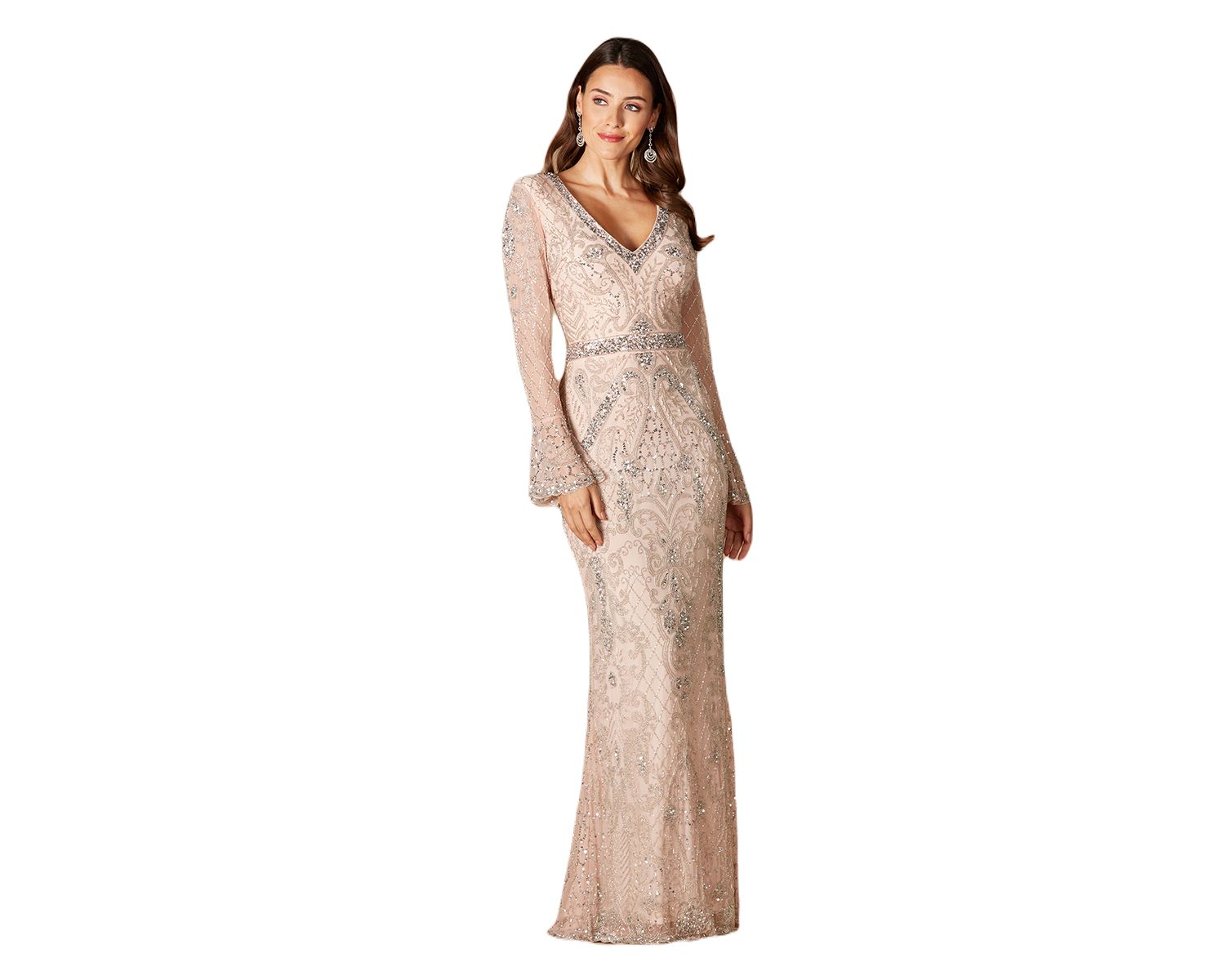 Women's Long Bell Sleeve V-Neck Beaded Gown