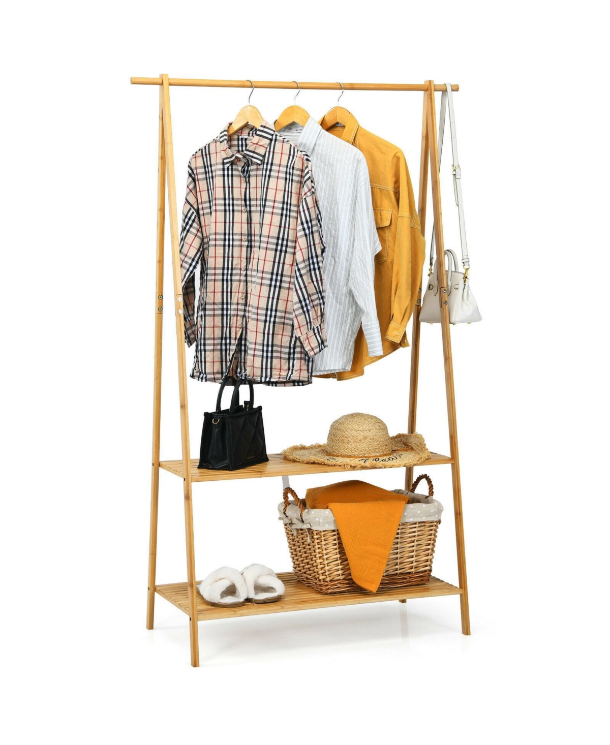 Bamboo Clothes Hanging Rack with 2-Tier Storage Shelf for Entryway Bedroom - Natural