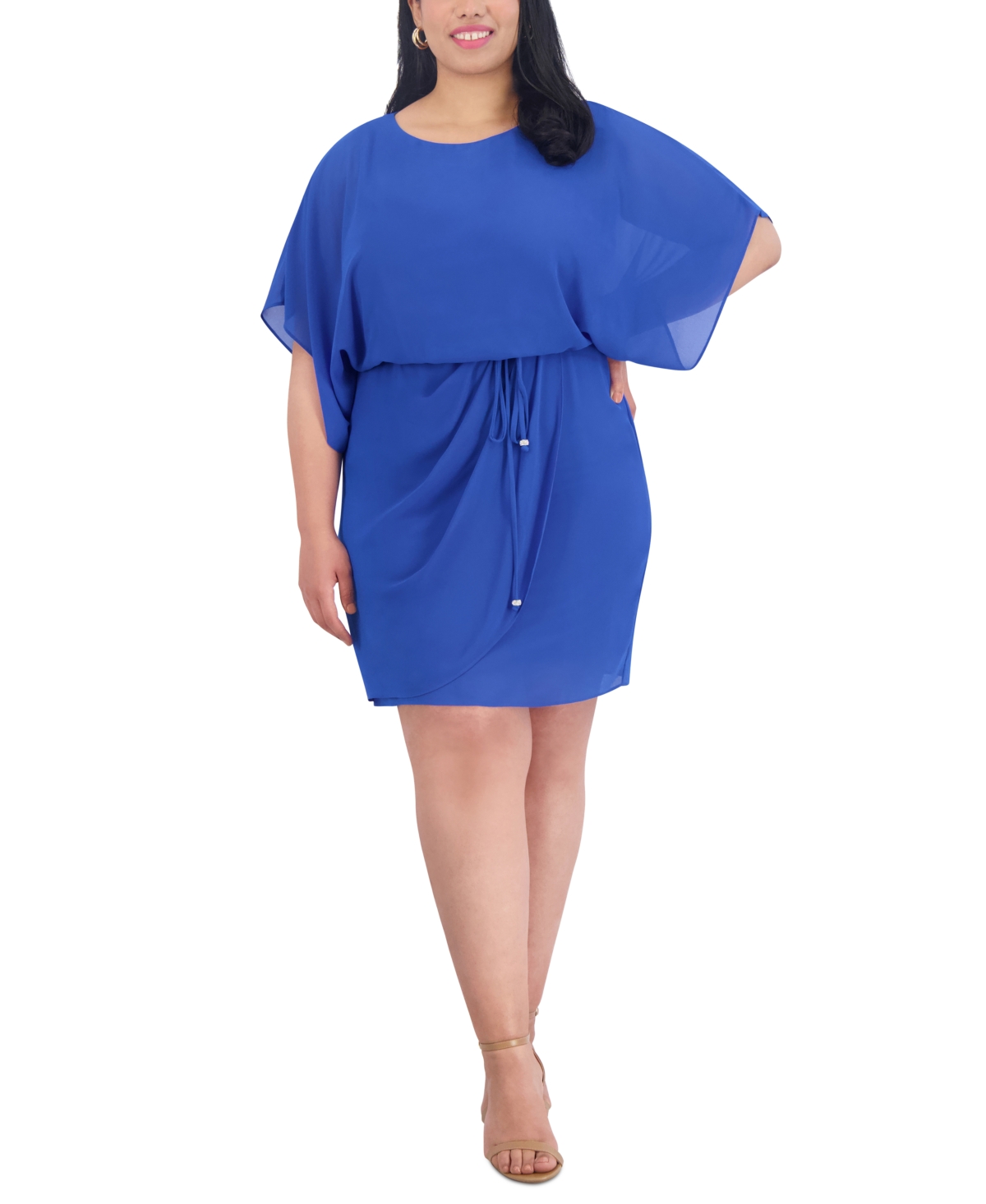 Jessica Howard Plus Size Boat-neck Blouson Faux-wrap Dress In Deep Blue