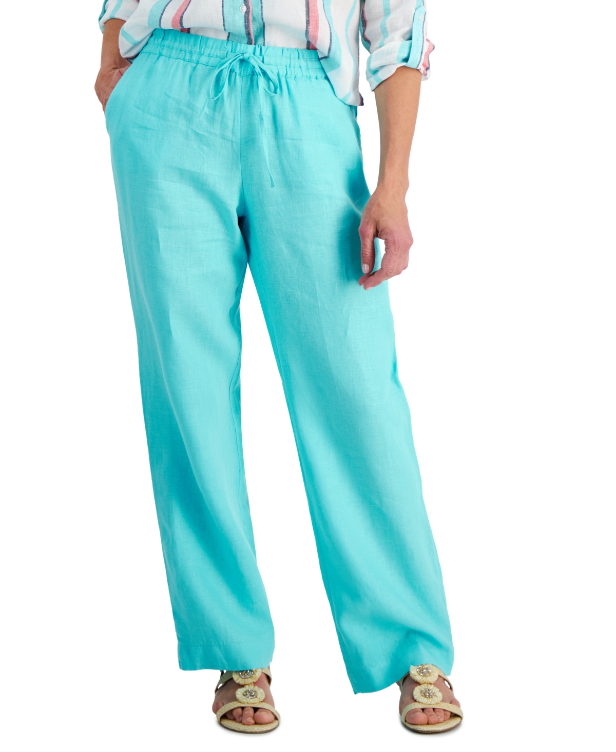 Petite 100% Linen Drawstring Pants, Created for Macy's - Light Pool Blue