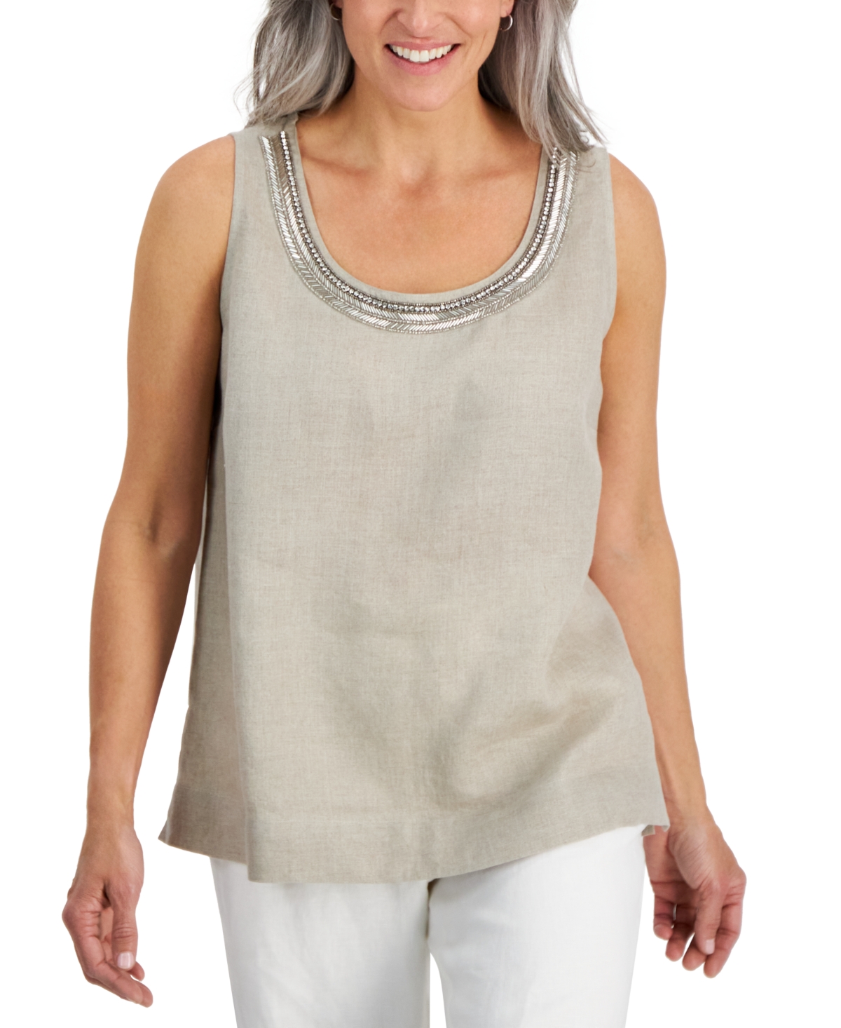 Shop Charter Club Petite Embellished Scoop Neck Linen Tank Top, Created For Macy's In Flax Combo