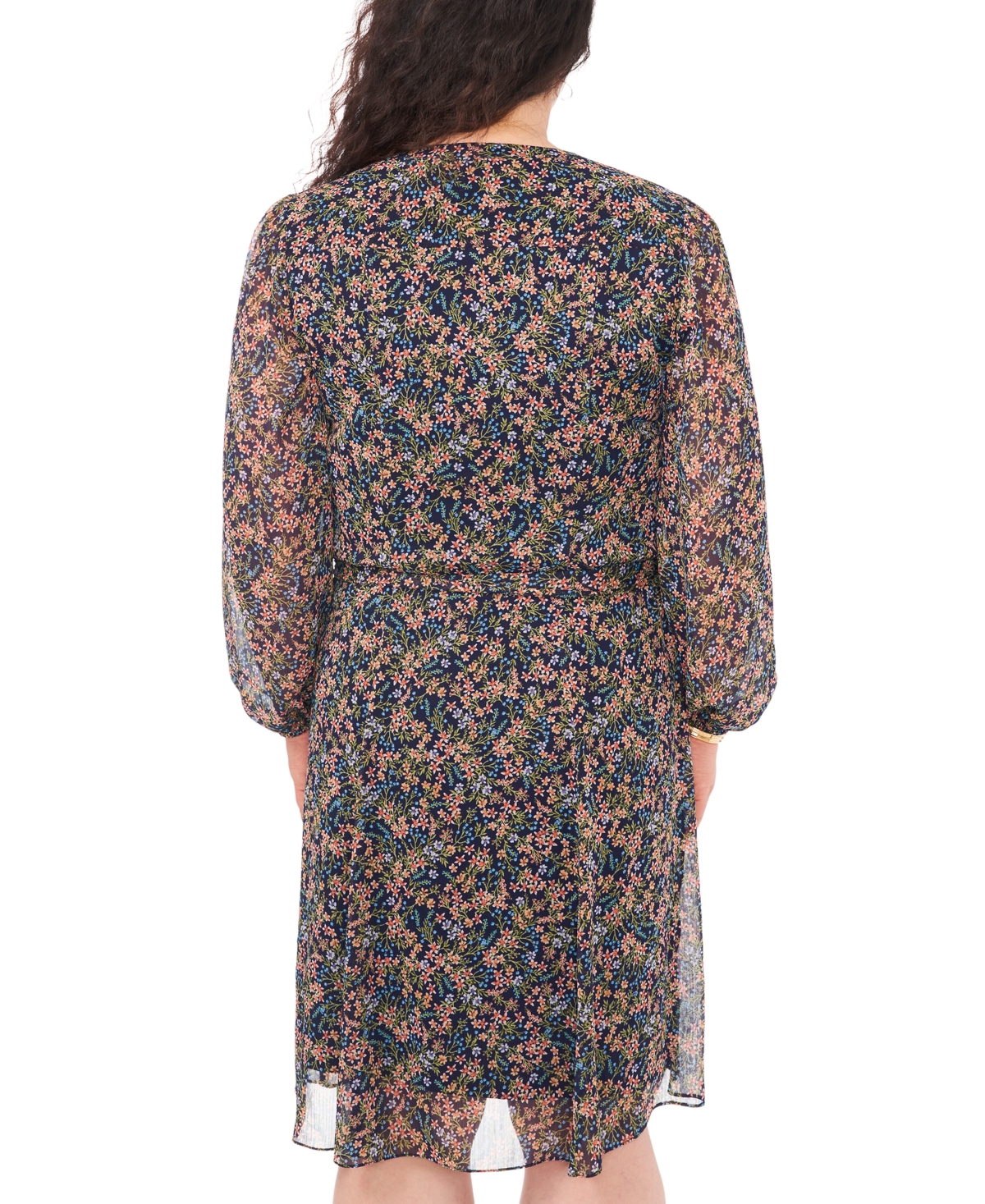 Shop Msk Plus Size Floral-print Chiffon Pintuck Shirtdress In Navy