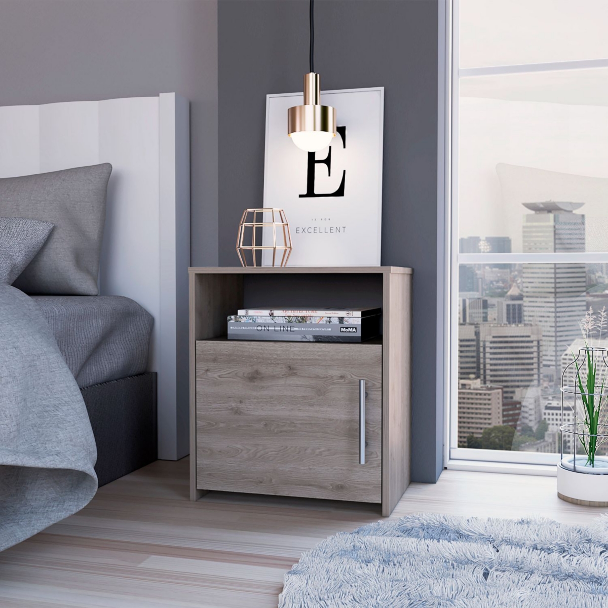 Depot E-shop Omaha Nightstand, Single Door Cabinet, Metal Handle, One Shelf, Superior Top