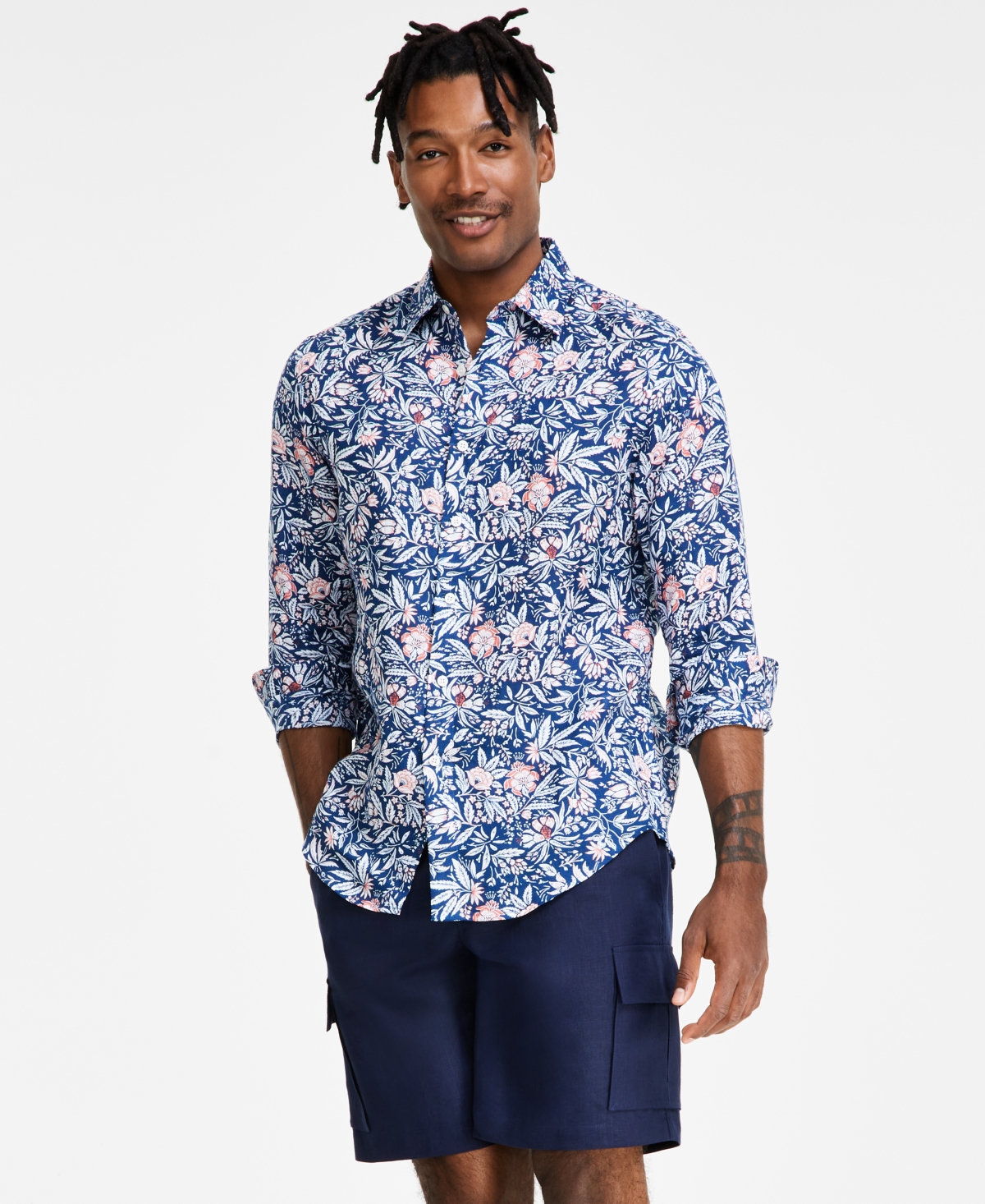 Men's Terra Regular-Fit Floral-Print Button-Down Shirt, Created for Macy's - Navy Crush
