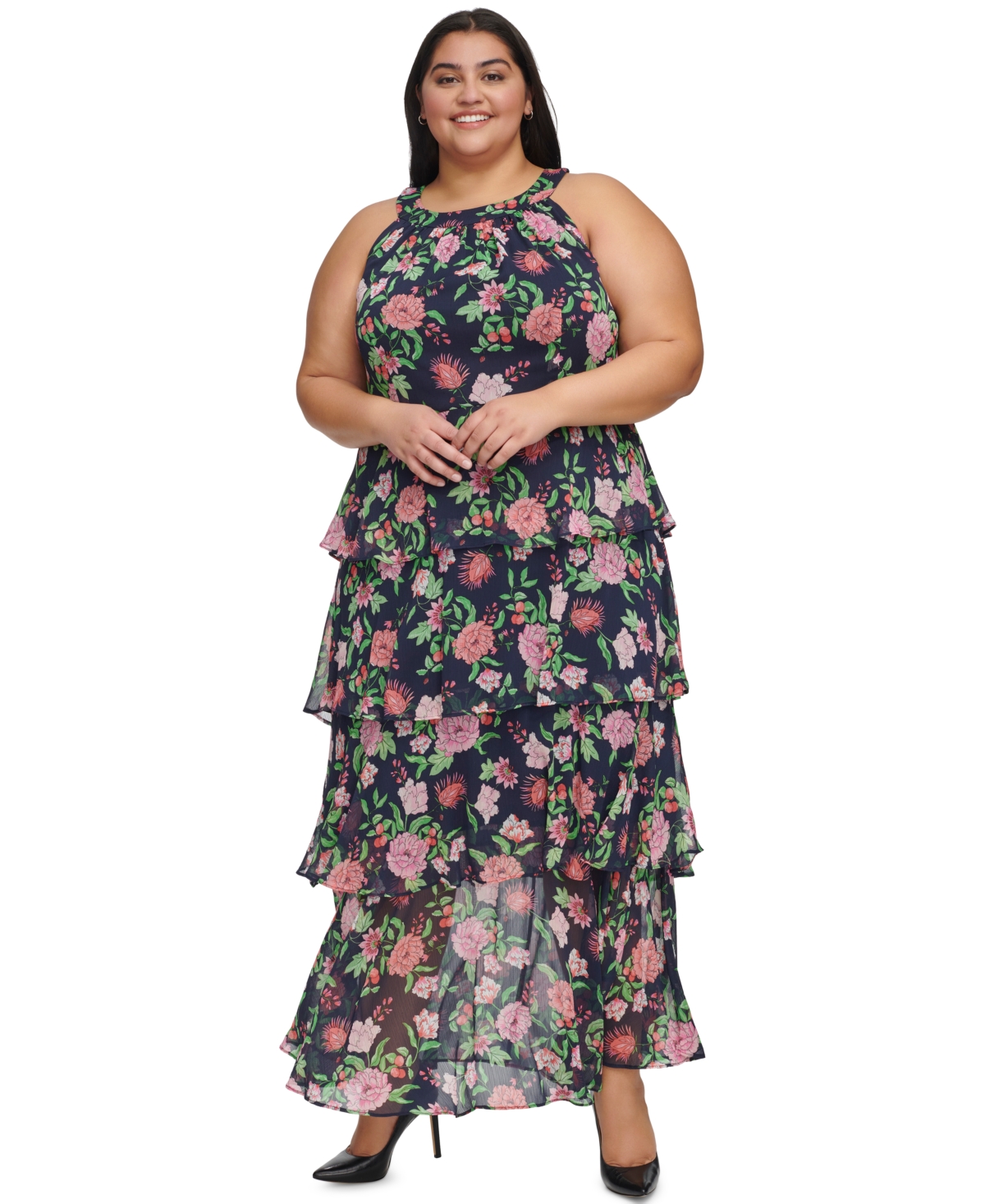 Tommy Hilfiger Plus Size Tiered Halter Maxi Dress In Sky Cap,pe