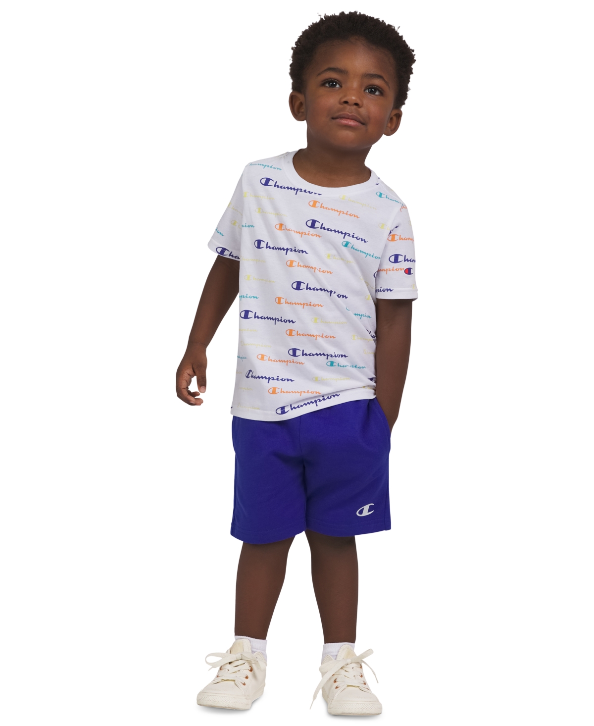 Shop Champion Toddler & Little Boys Short-sleeve Printed T-shirt & Fleece Shorts, 2 Piece Set In Bright White
