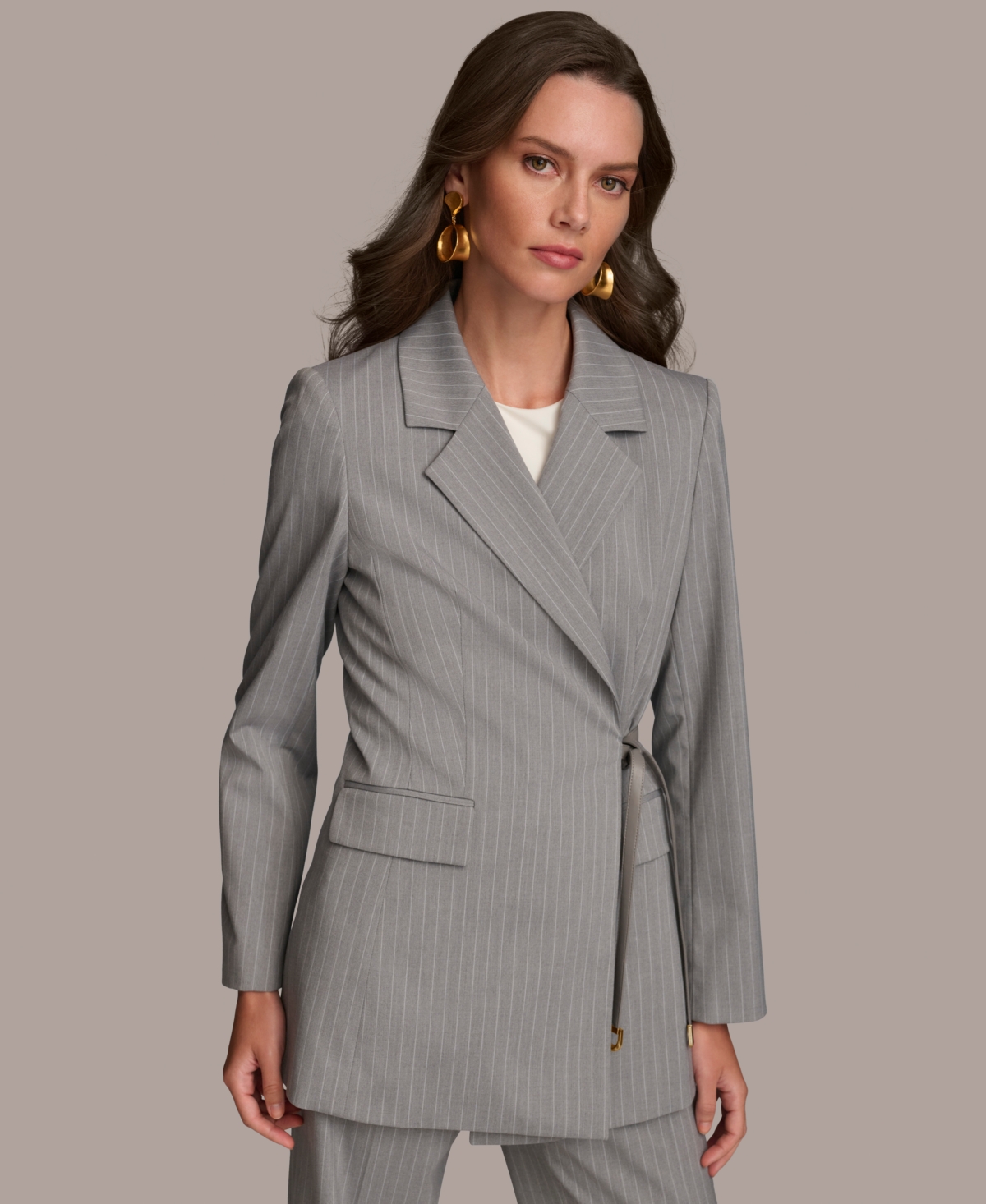 Women's Pinstriped Tie-Waist Blazer - Light Gray/White