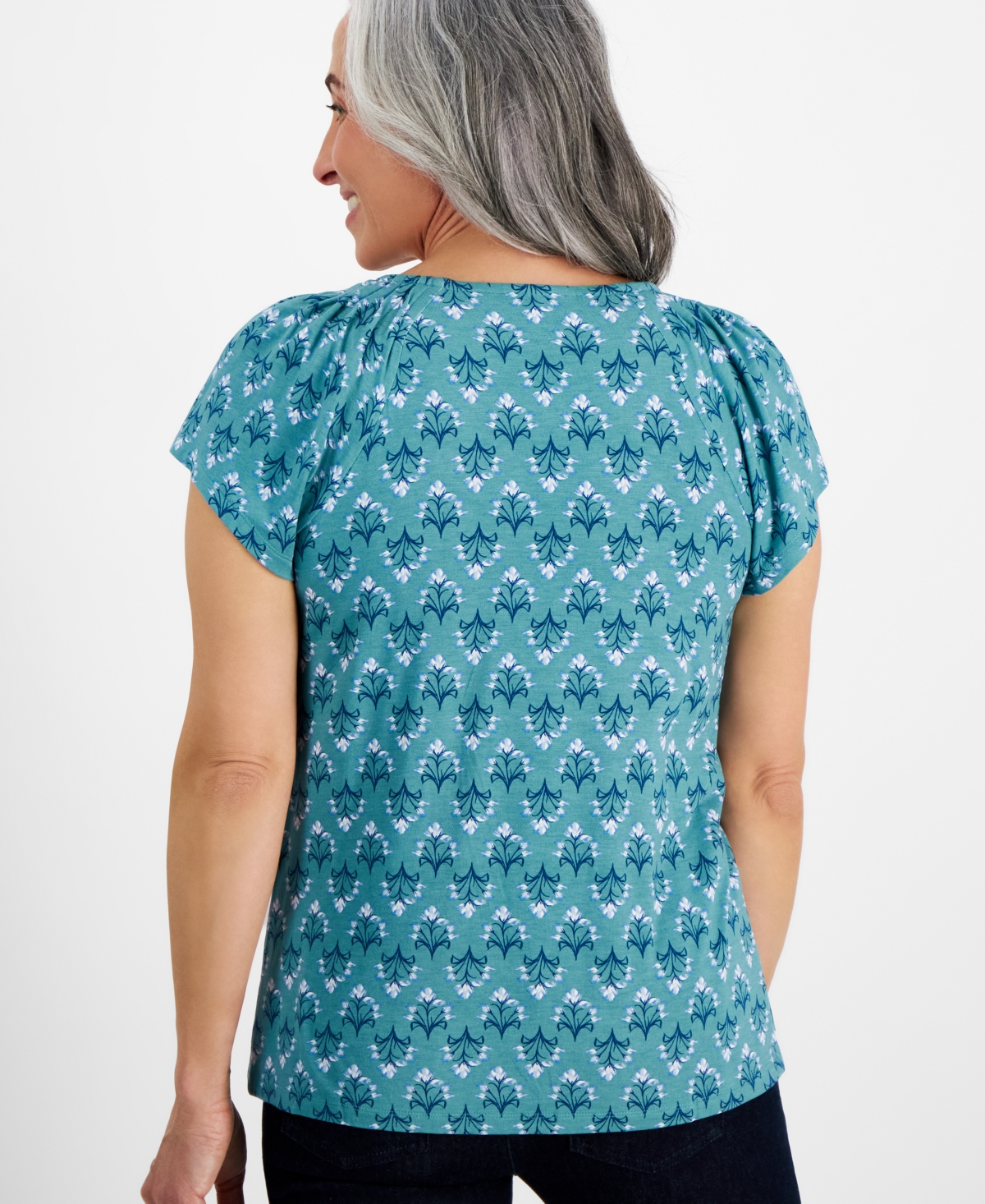 Style & Co Petite Flower Bunch Pleat-Neck Top, Created for Macy's