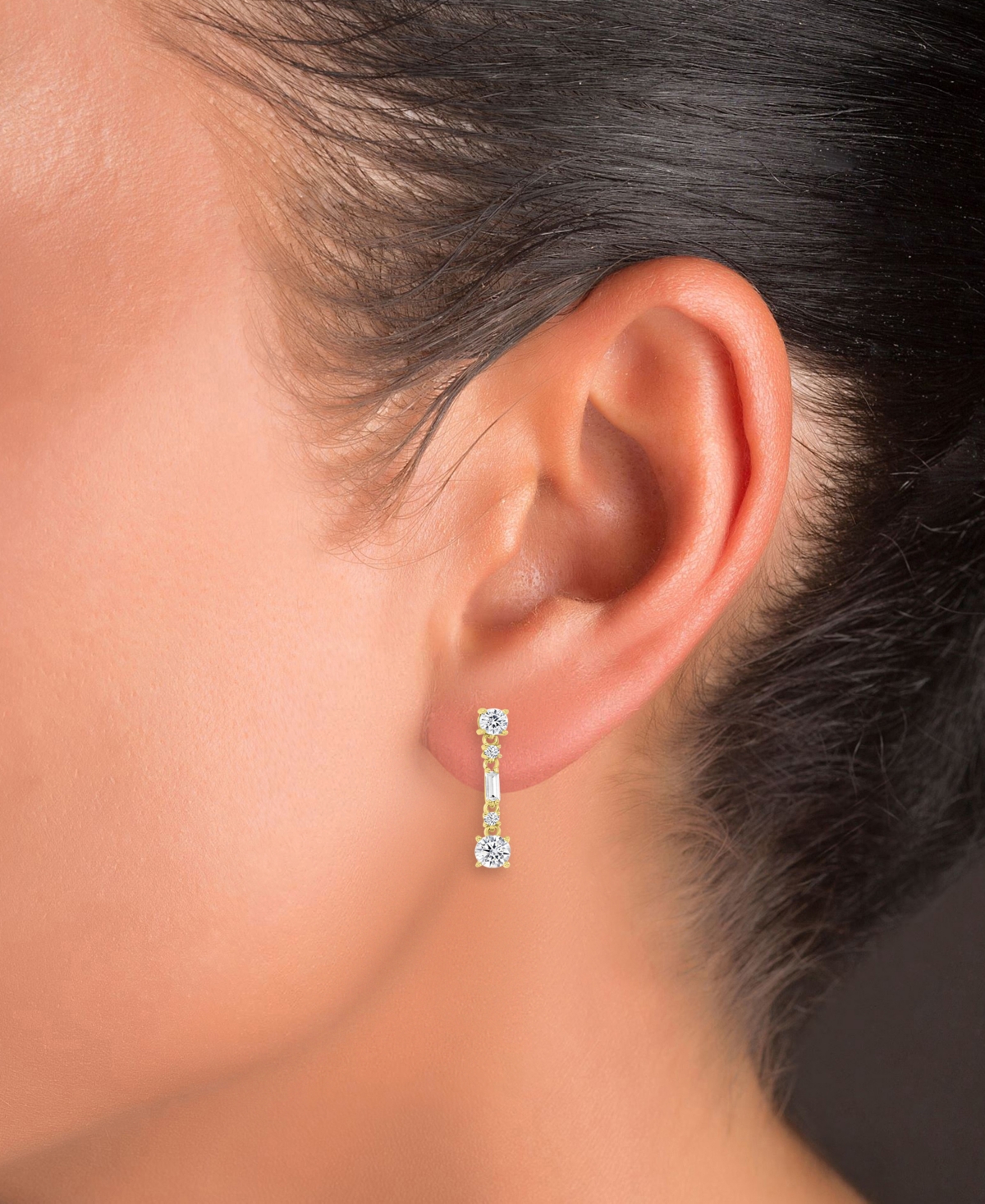 Macy's Cubic Zirconia Round & Baguette Linear Drop Earrings In Silver