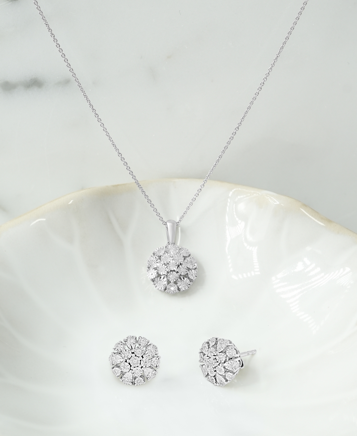 Macy's Diamond Flower Burst Cluster 18" Pendant Necklace (1/10 Ct. T.w.) In Sterling Silver, Created For Ma In Sterling Silver