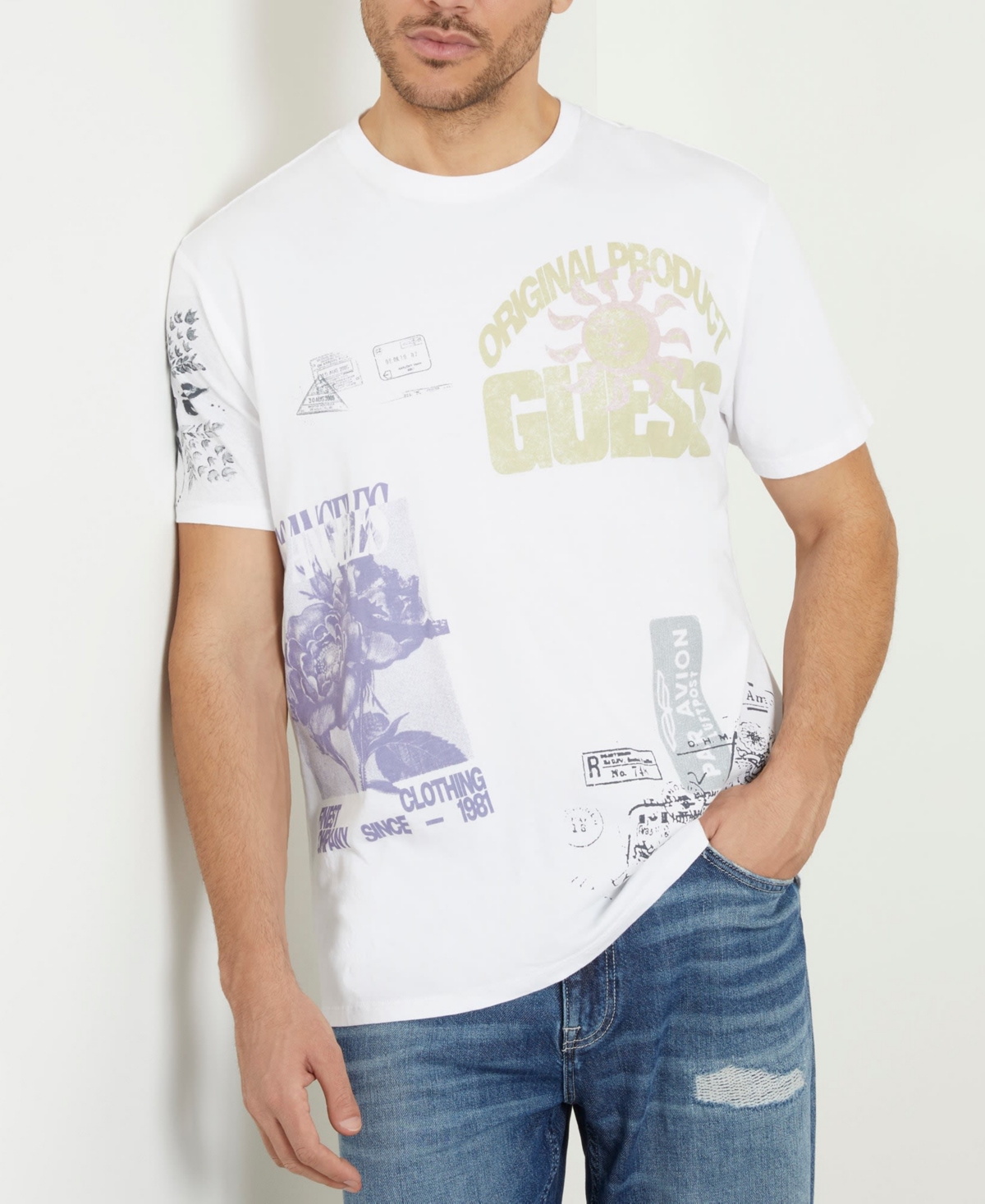 Guess Men's Faded Stamp Graphic Crewneck T-shirt In Pure White Multi