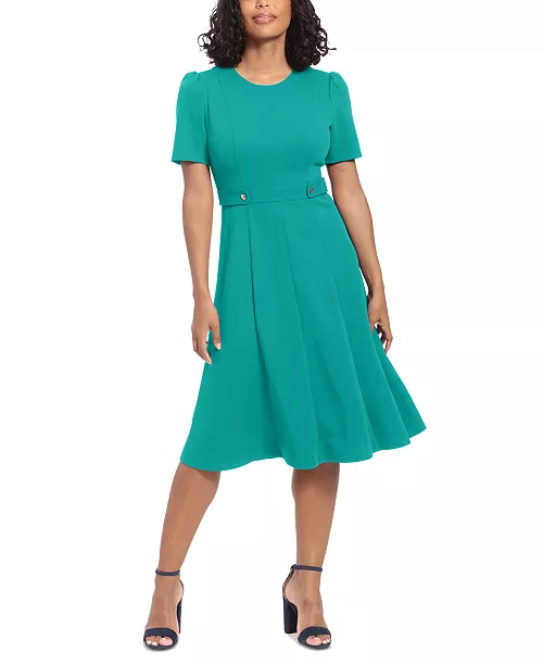 women's puff-sleeve tab-detail fit & flare dress
