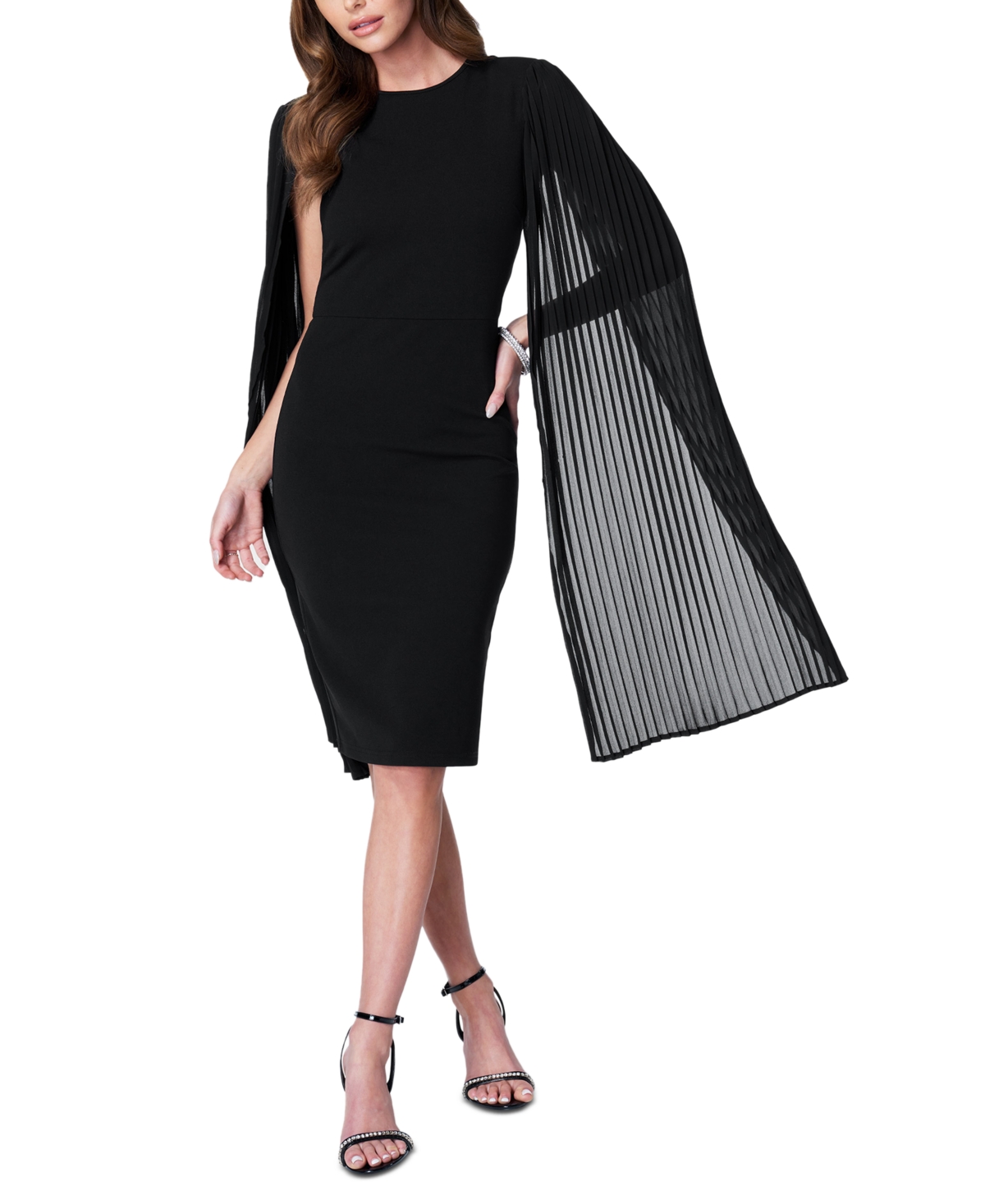 Shop Bebe Pleated Cape-sleeve Fitted Midi Dress In Black