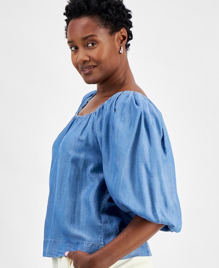 On 34th Women's Chambray Balloon-Sleeve Top, Created for Macy's - Macy's