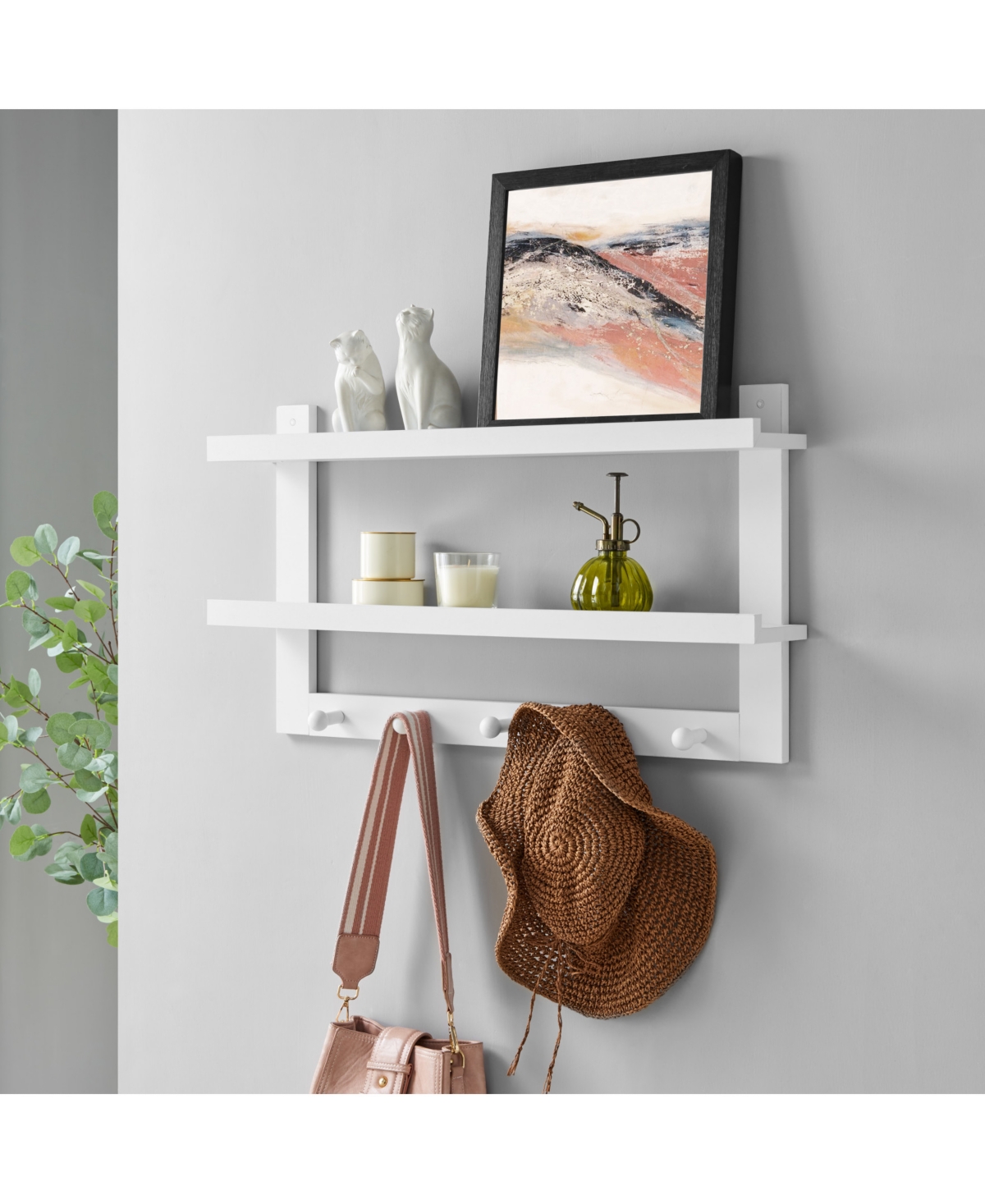 Shop Danya B Two-tier Ledge Shelf Wall Organizer With Five Hanging Hooks In White