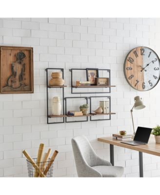 Framed Wall Art 4-Piece Modern Shelf Set, Black Metal Frame and Rustic Distressed MDF Shelves