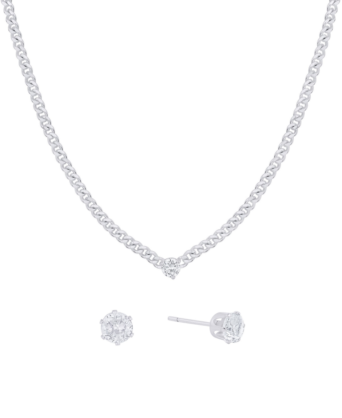Cubic Zirconia Stud Earring and Necklace with Jewelry Box Set - Silver