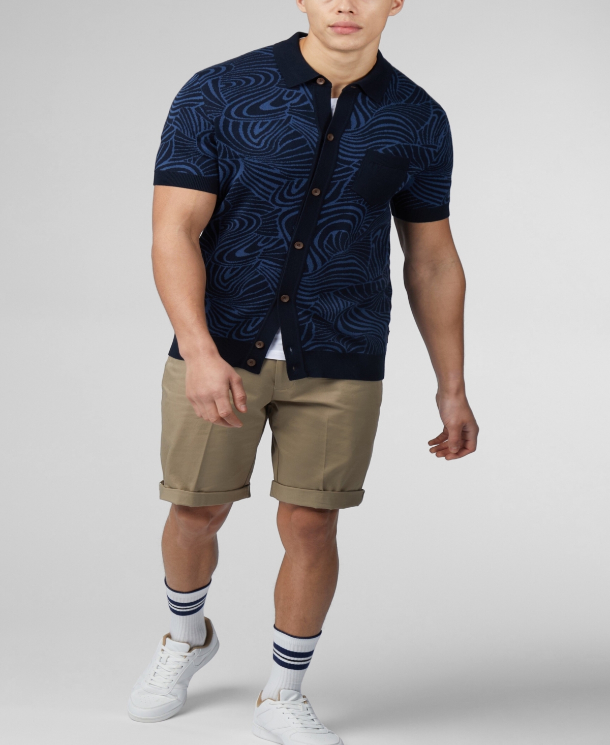 Ben Sherman Swirl Jacquard Short Sleeve Knit Button-up Shirt In Dark Navy