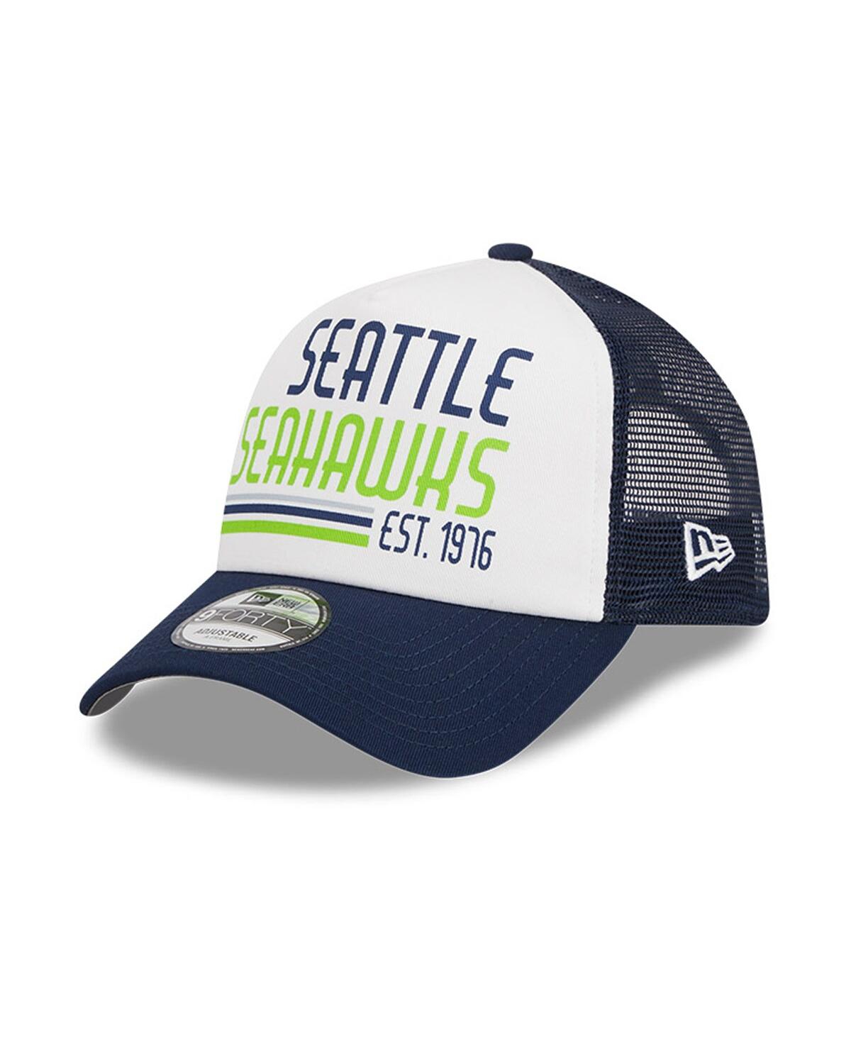 Shop New Era Men's  White, College Navy Seattle Seahawks Stacked A-frame Trucker 9forty Adjustable Hat In White,college Navy