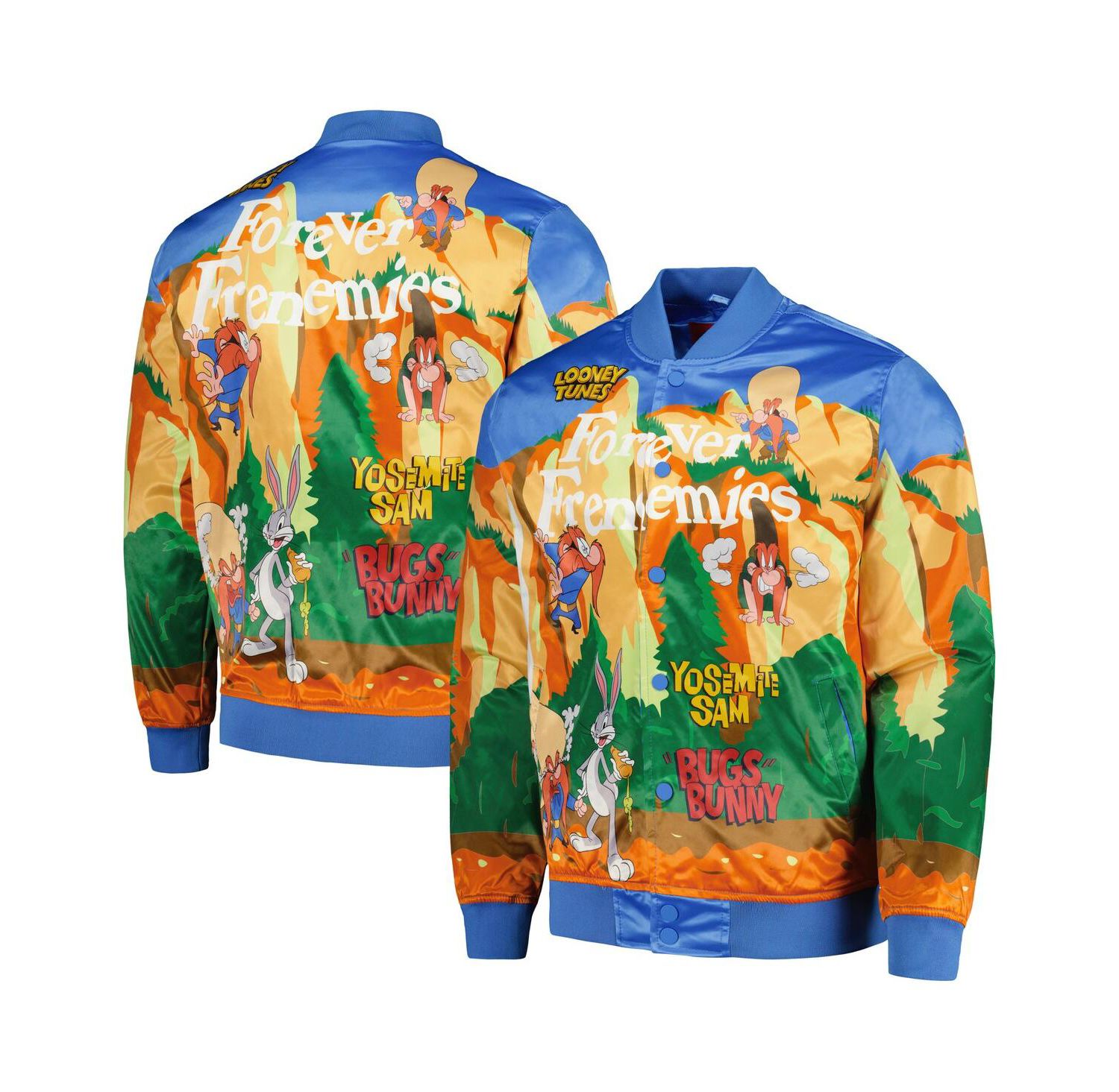 Men's Blue Looney Tunes Graphic Satin Full-Snap Jacket