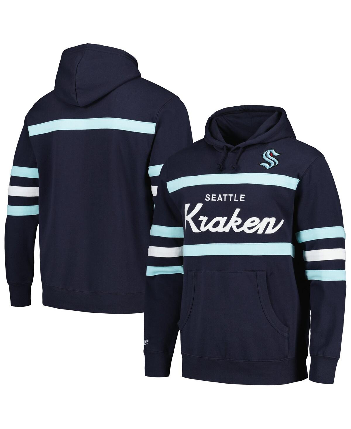 Shop Mitchell & Ness Men's  Deep Sea Blue Seattle Kraken Head Coach Pullover Hoodie