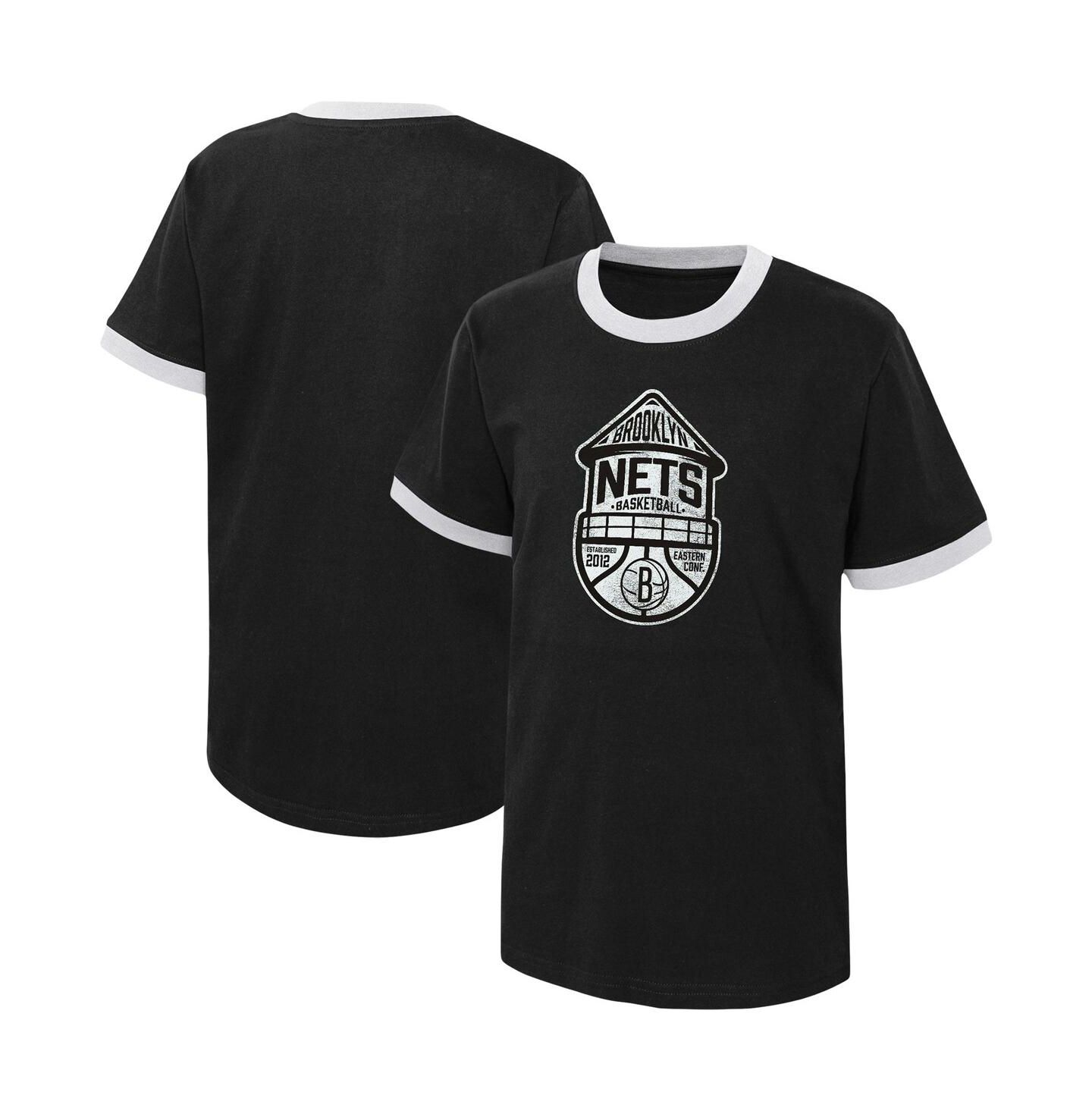 Футболка Outerstuff Black Distressed Brooklyn Nets Hoop City Hometown Ringer для мальчиков — фото 1