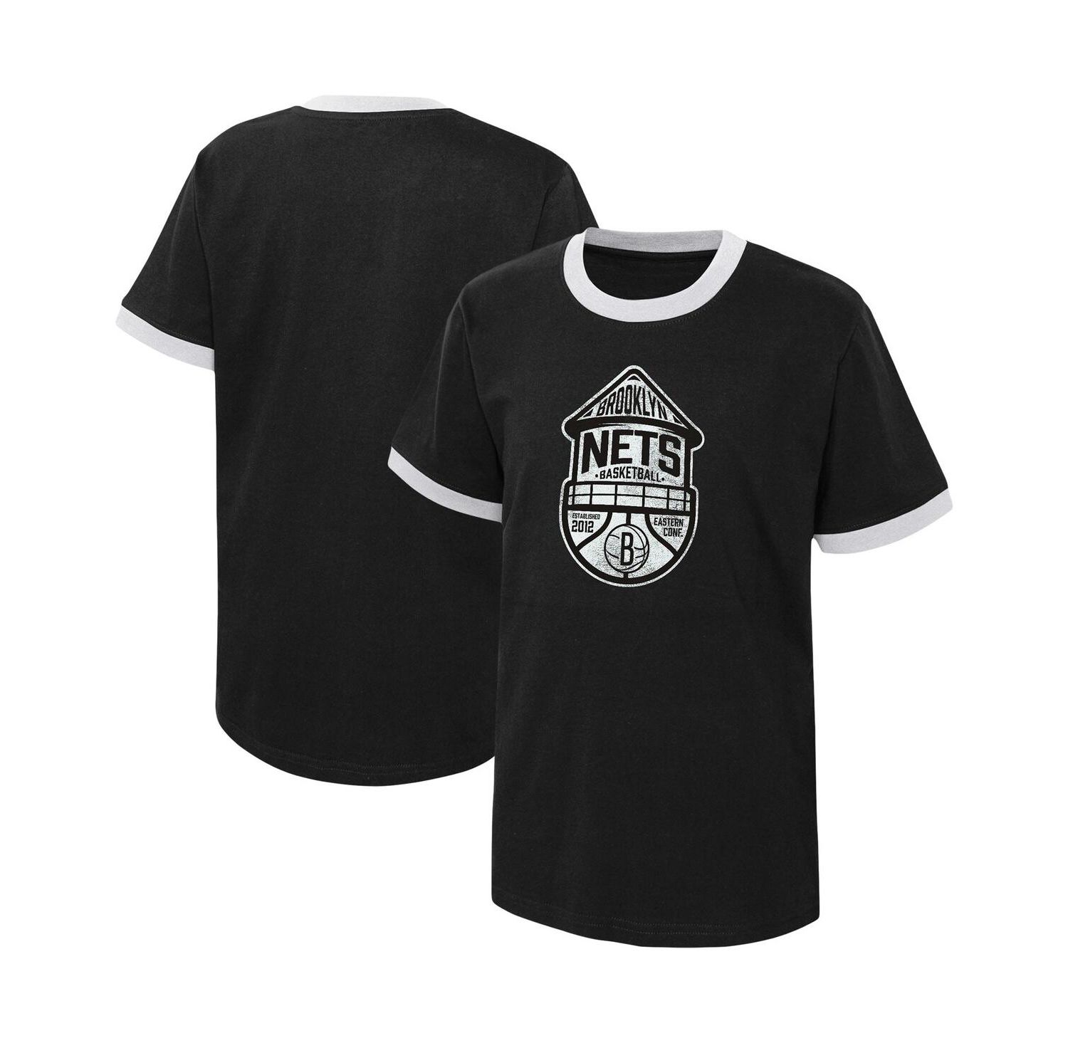 Big Boys Black Distressed Brooklyn Nets Hoop City Hometown Ringer T-shirt