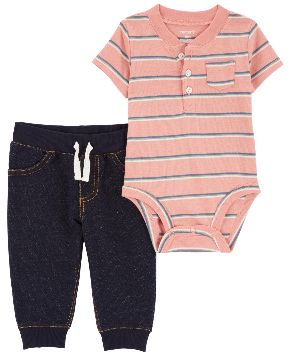 Shop Carter's Baby 2 Piece Striped Henley Bodysuit Pant Set In Pink