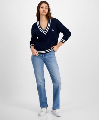 Womens Script Logo V Neck Ribbed Cotton Sweater Julie Straight Leg Button Waist Jeans
