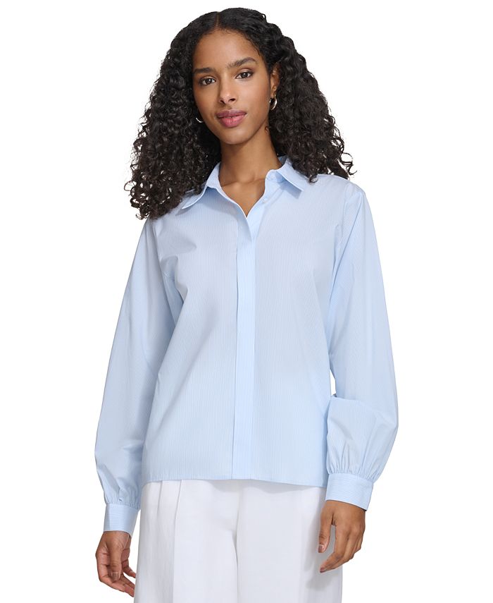 Calvin Klein Women's Pinstriped Covered-Placket Long-Sleeve Blouse - Macy's