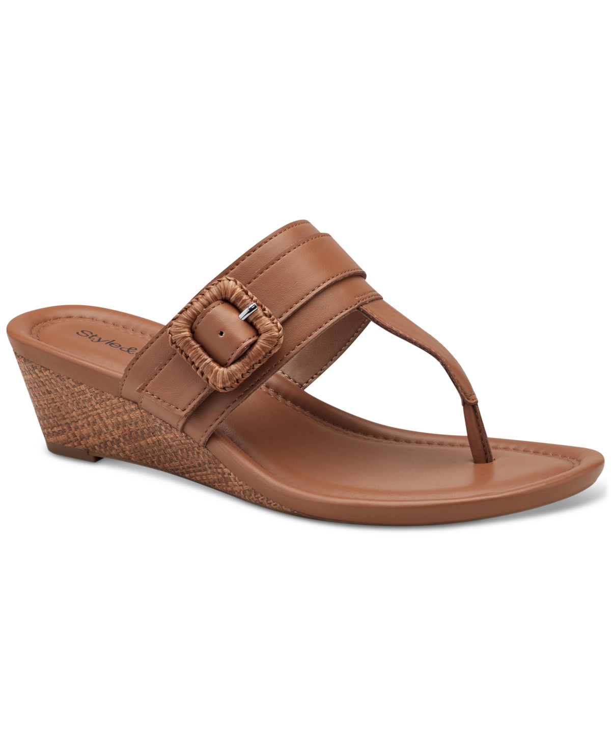 Shop Style & Co Women's Polliee Buckled Thong Wedge Sandals, Created For Macy's In Walnut Raffia
